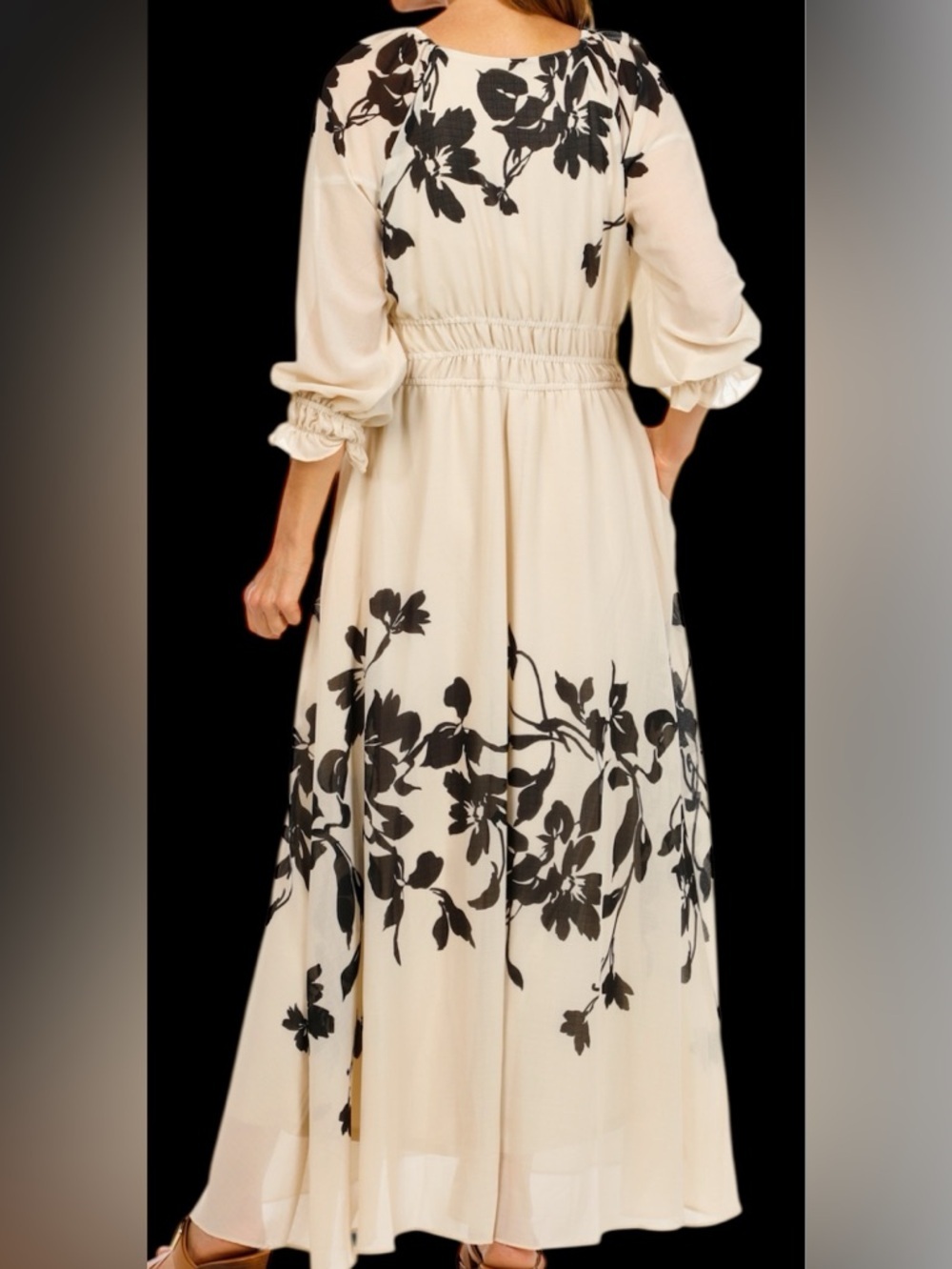 Taylor Cream with Black Floral Motif Chiffon Maxi Dress Sz 6 - Picture 2 of 14
